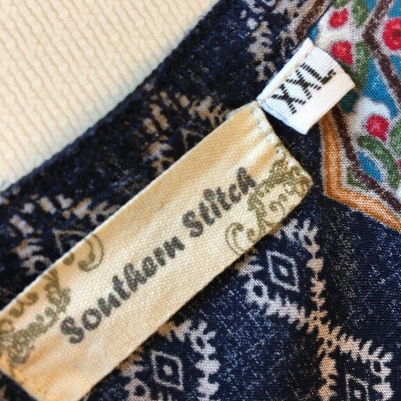 Southern Stitch Tunic Mini Dress Womens XXL Navy Print Tassels Boho Flowy - Picture 10 of 12